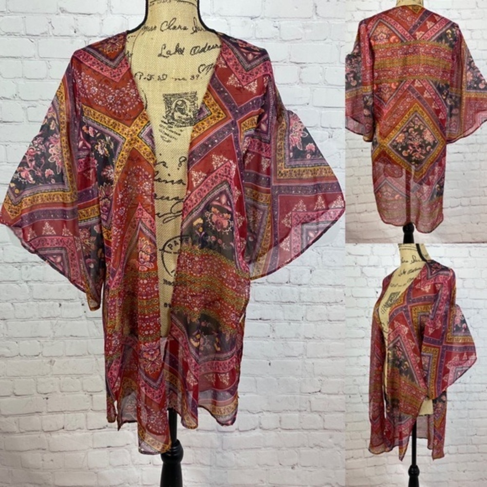 American Eagle Semi Sheer Patchwork Print Open Front Kimono